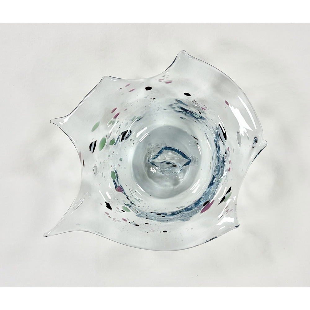 Vintage Hand Blown Art Glass Confetti‎ Frit Multicolor Ruffled Handkerchief Bowl
